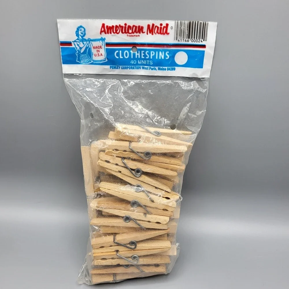 Vintage American Maid Clothespins 40 Count Wood Spring Action Natural Wood
